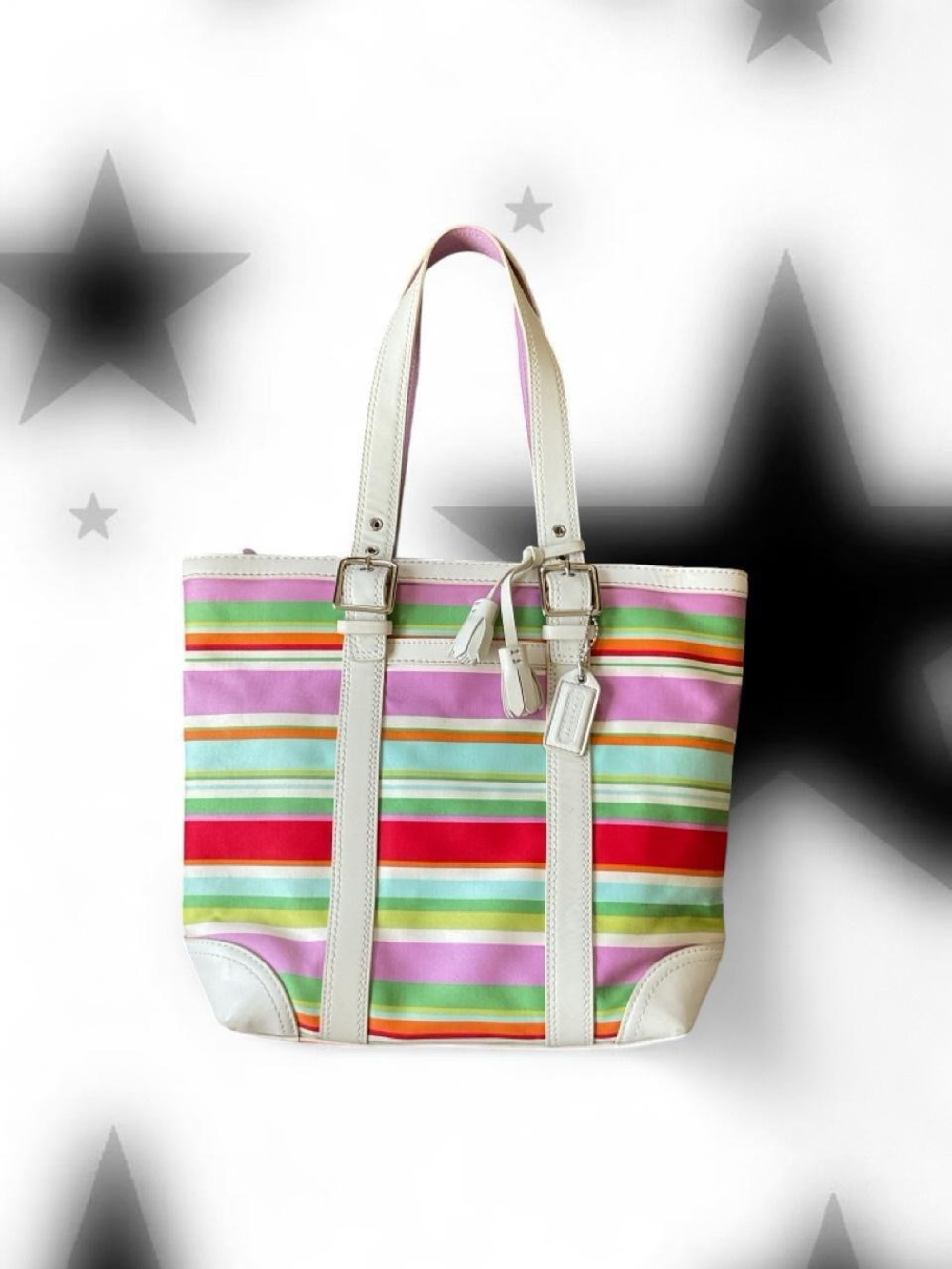 Coach Multicolor Striped Canvas Tote with White Trim